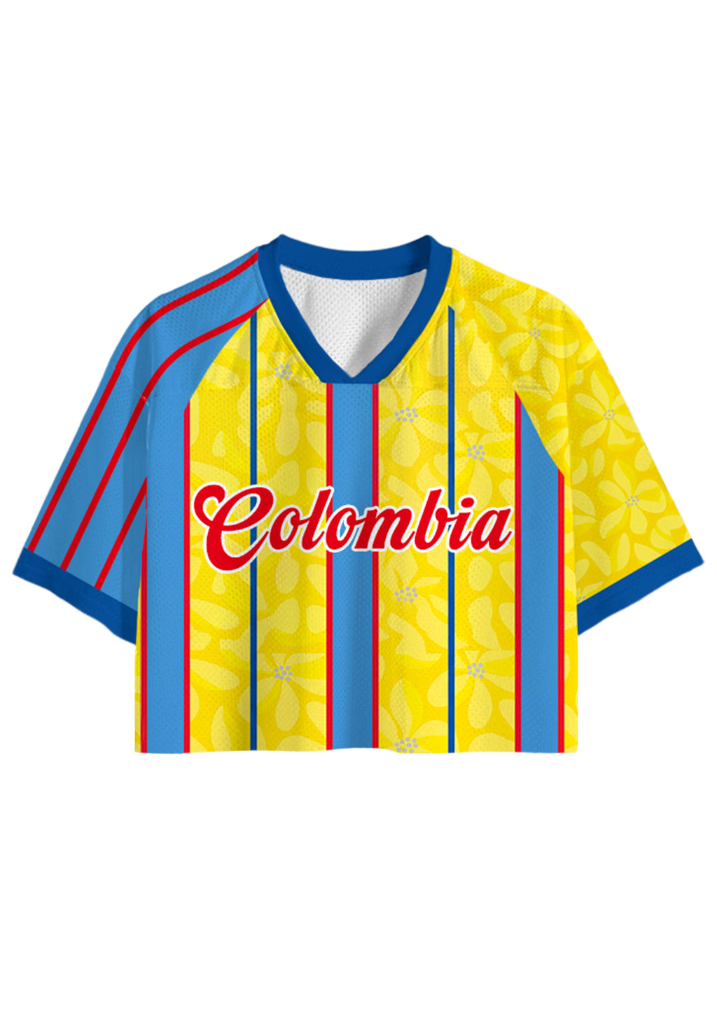 Bright Yellow Floral Blue Red Vertical Stripe Cropped Jersey Shirt