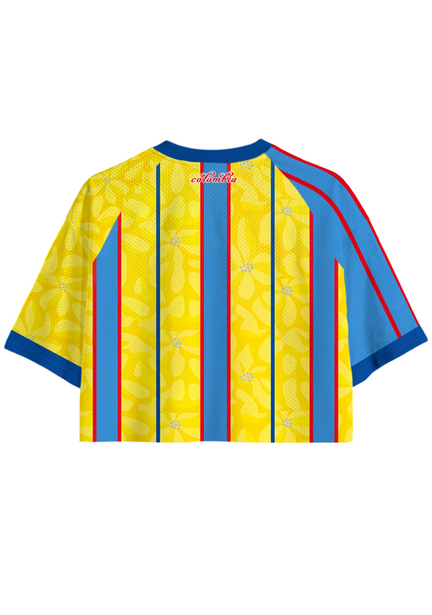 Bright Yellow Floral Blue Red Vertical Stripe Cropped Jersey Shirt Secondary image