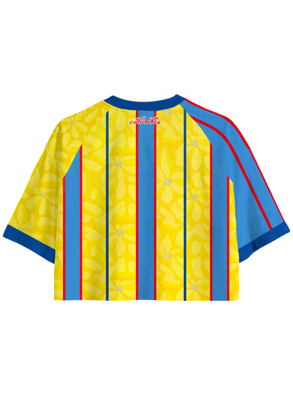 Bright Yellow Floral Blue Red Vertical Stripe Cropped Jersey Shirt