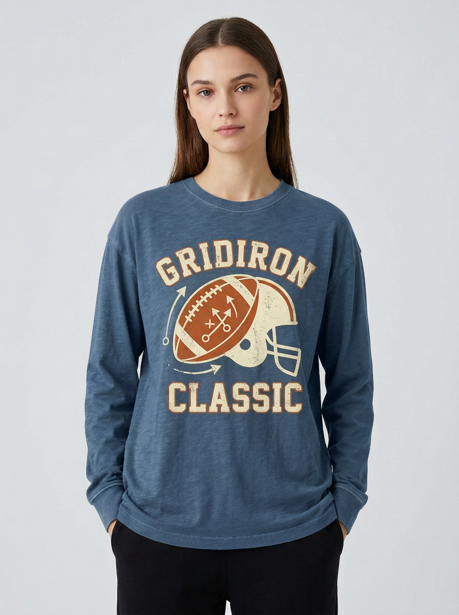Women's Football Fan Gridiron Classic Helmet Printed Long Sleeve T-Shirt