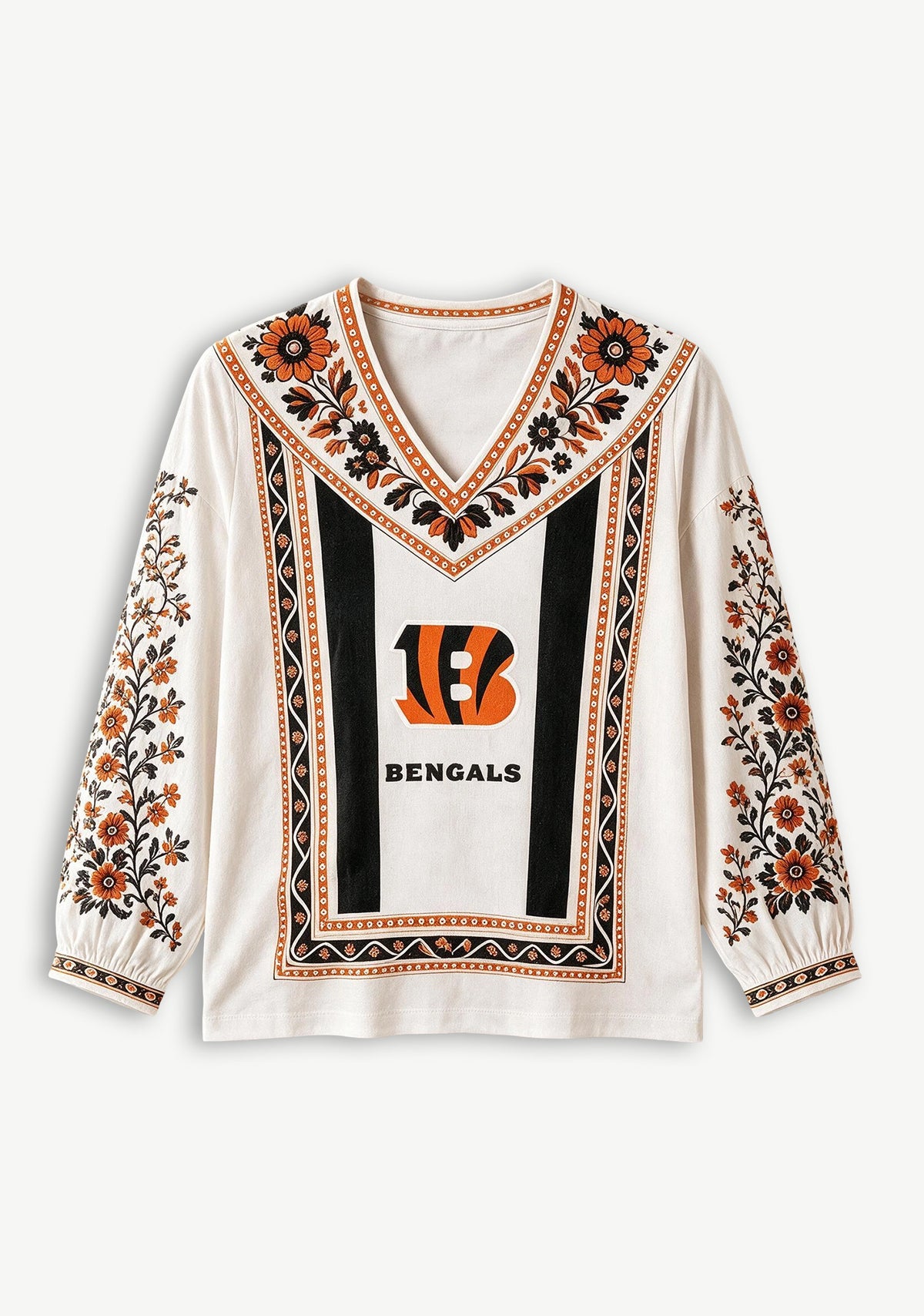 Cincinnati Bengals Floral Printed V-Neck Long Sleeve Shirt