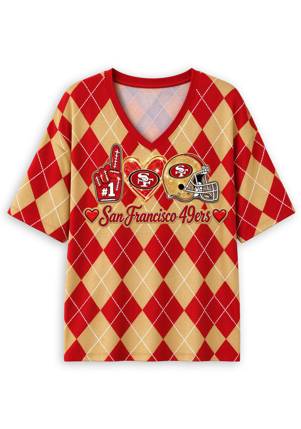Women's San Francisco 49ers Argyle #1 Fan Heart Helmet V-NeckT-Shirt