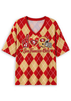 Women's San Francisco 49ers Argyle #1 Fan Heart Helmet V-NeckT-Shirt