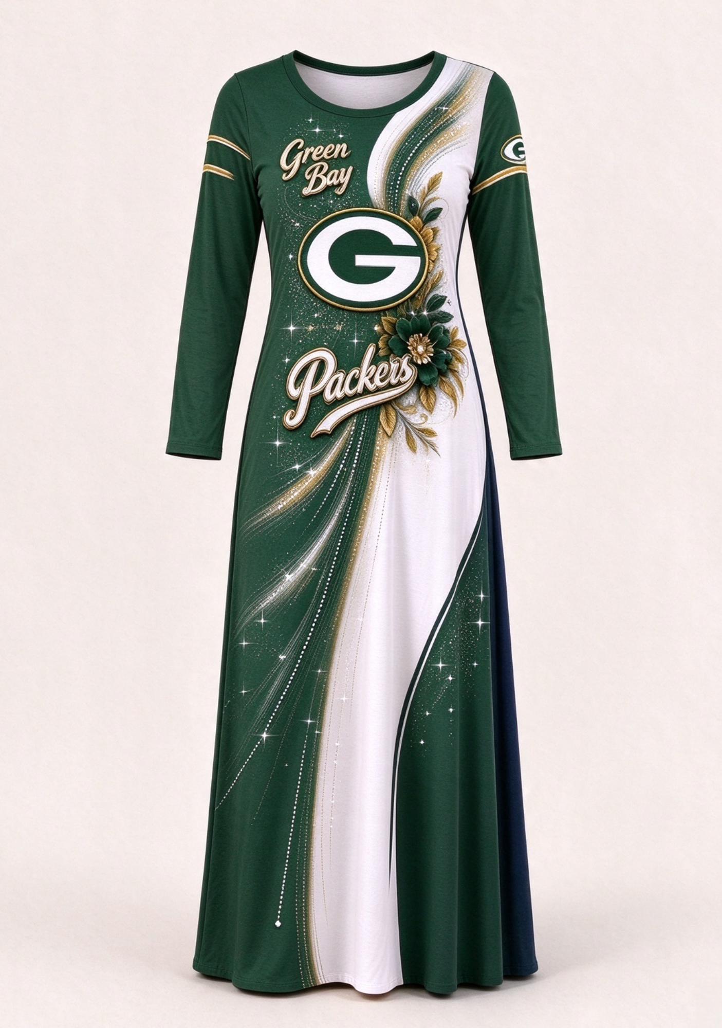 Women Green Bay Packers Print Long Sleeve Maxi Dress Secondary image