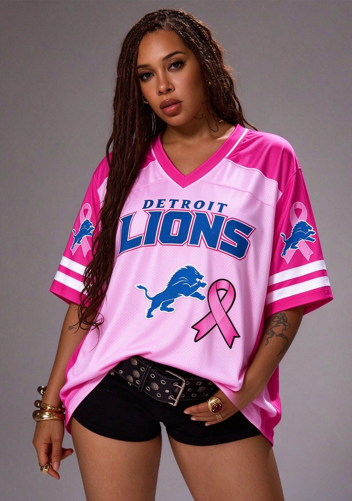 Women Detroit Lions Breast Cancer Awareness Pink Ribbon Mesh Jersey