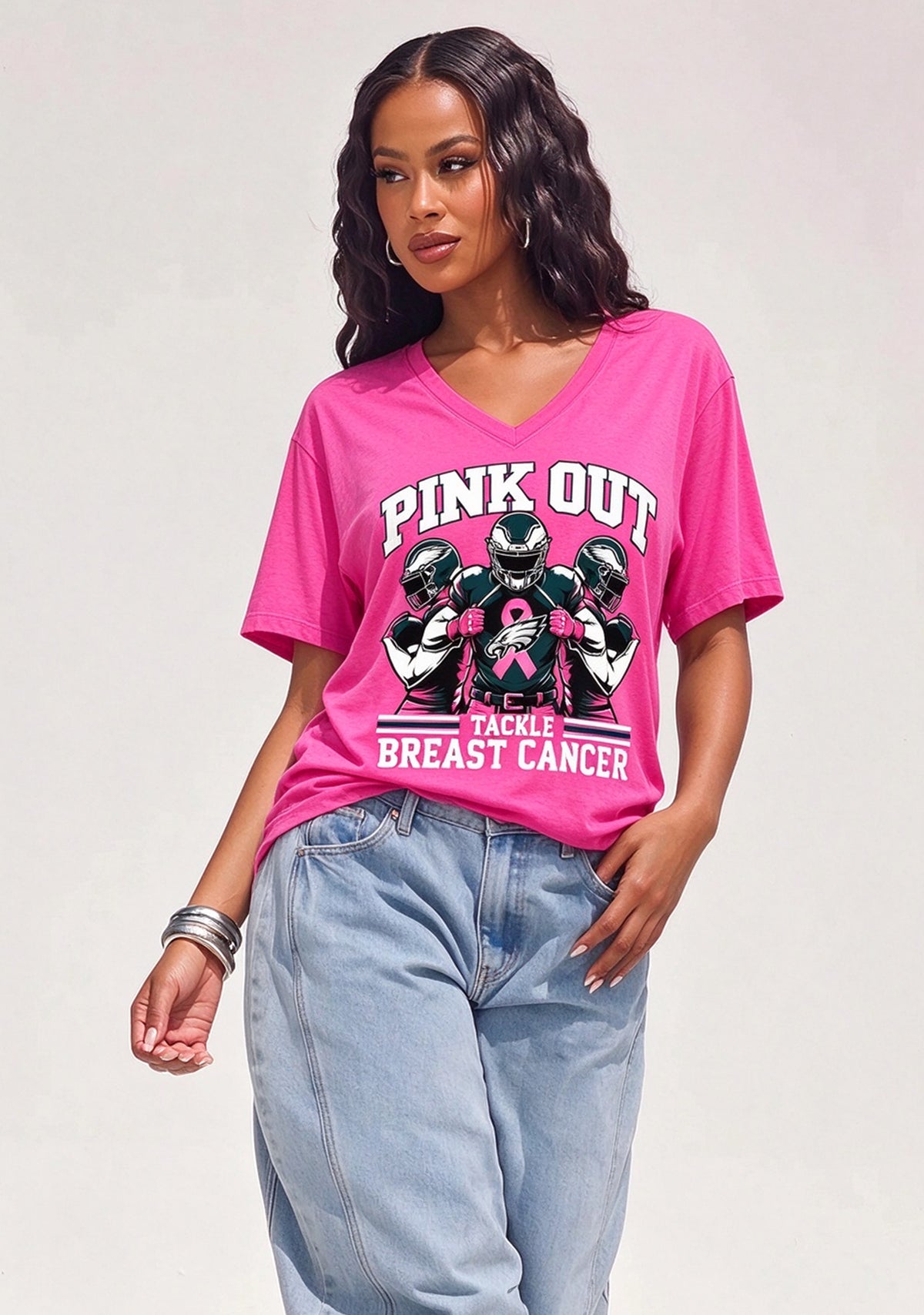 Philadelphia Eagles Pink Out Tackle Breast Cancer Awareness V-Neck T-Shirt Main image