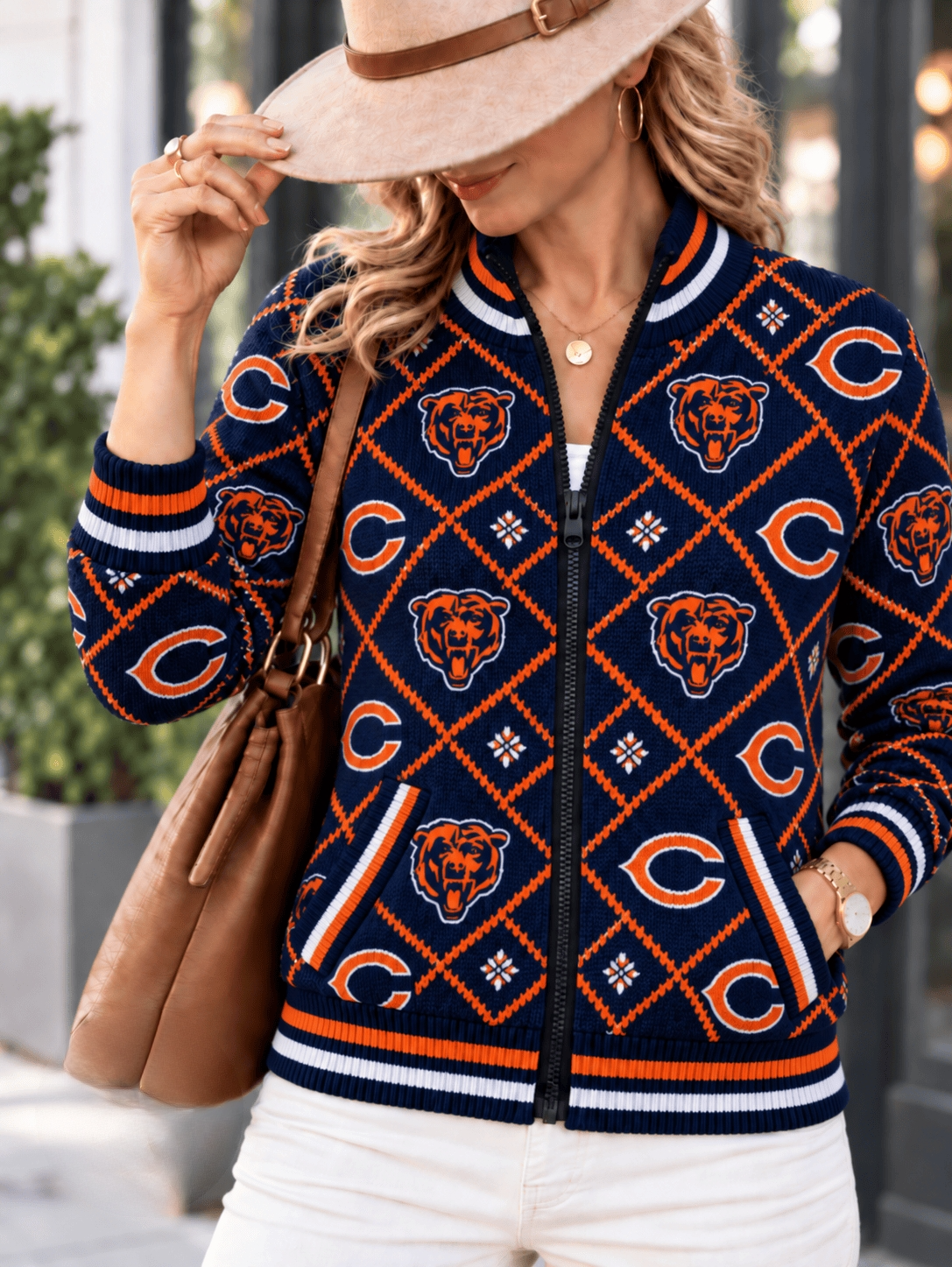 Women's Chicago Bears Argyle Print Zip Up Varsity Jacket