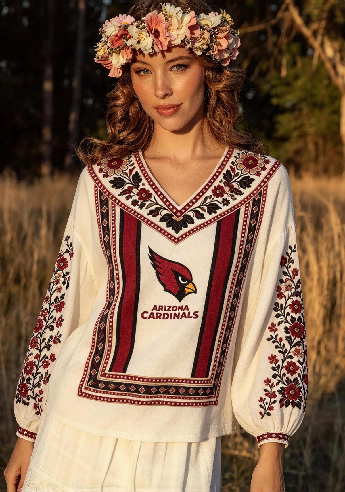 Arizona Cardinals Bohemian Floral Printed V-Neck Long Sleeve Shirt