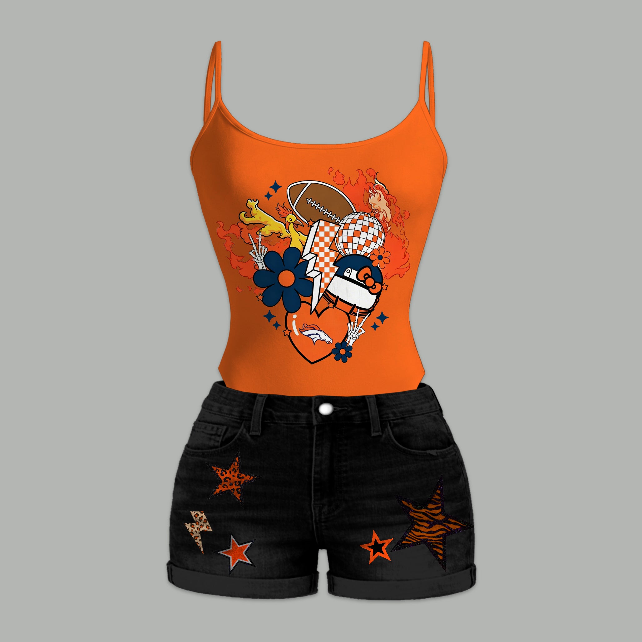 Denver Broncos X Pokémon Bodysuit  & Stretch Black Denim Shorts Two-Piece Set