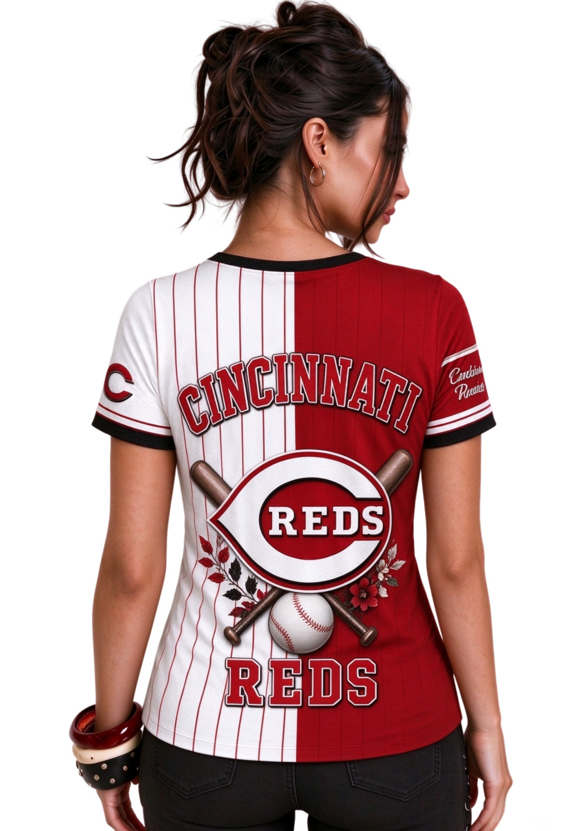 Women Cincinnati Reds Baseball Half Striped Henley T-Shirt