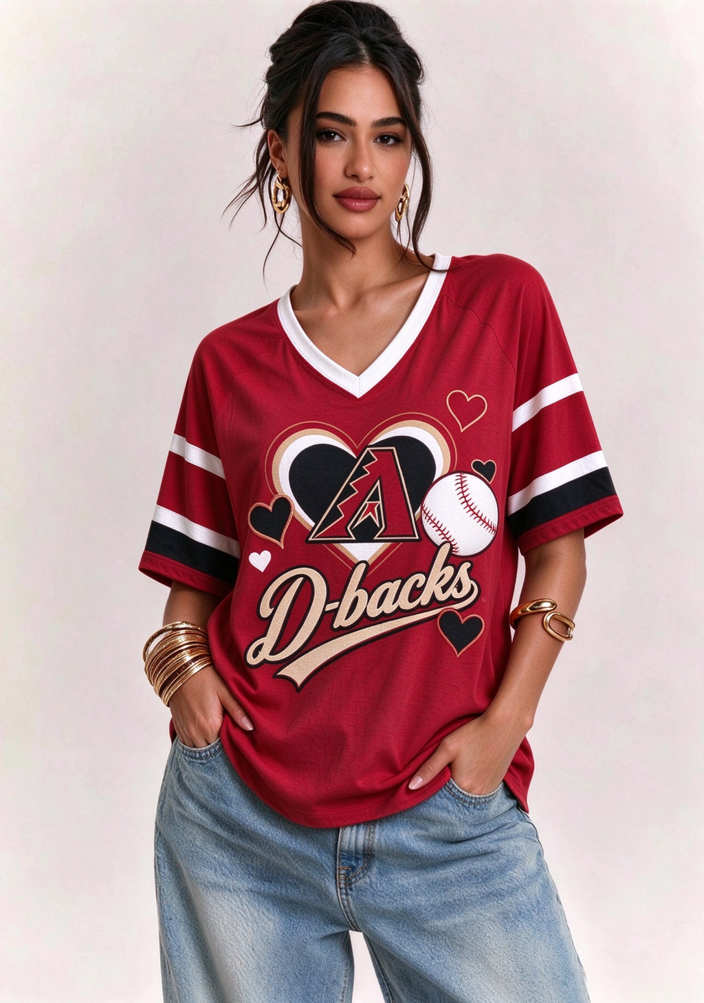 Women Arizona D-backs Heart Baseball Graphic V-Neck T-Shirt
