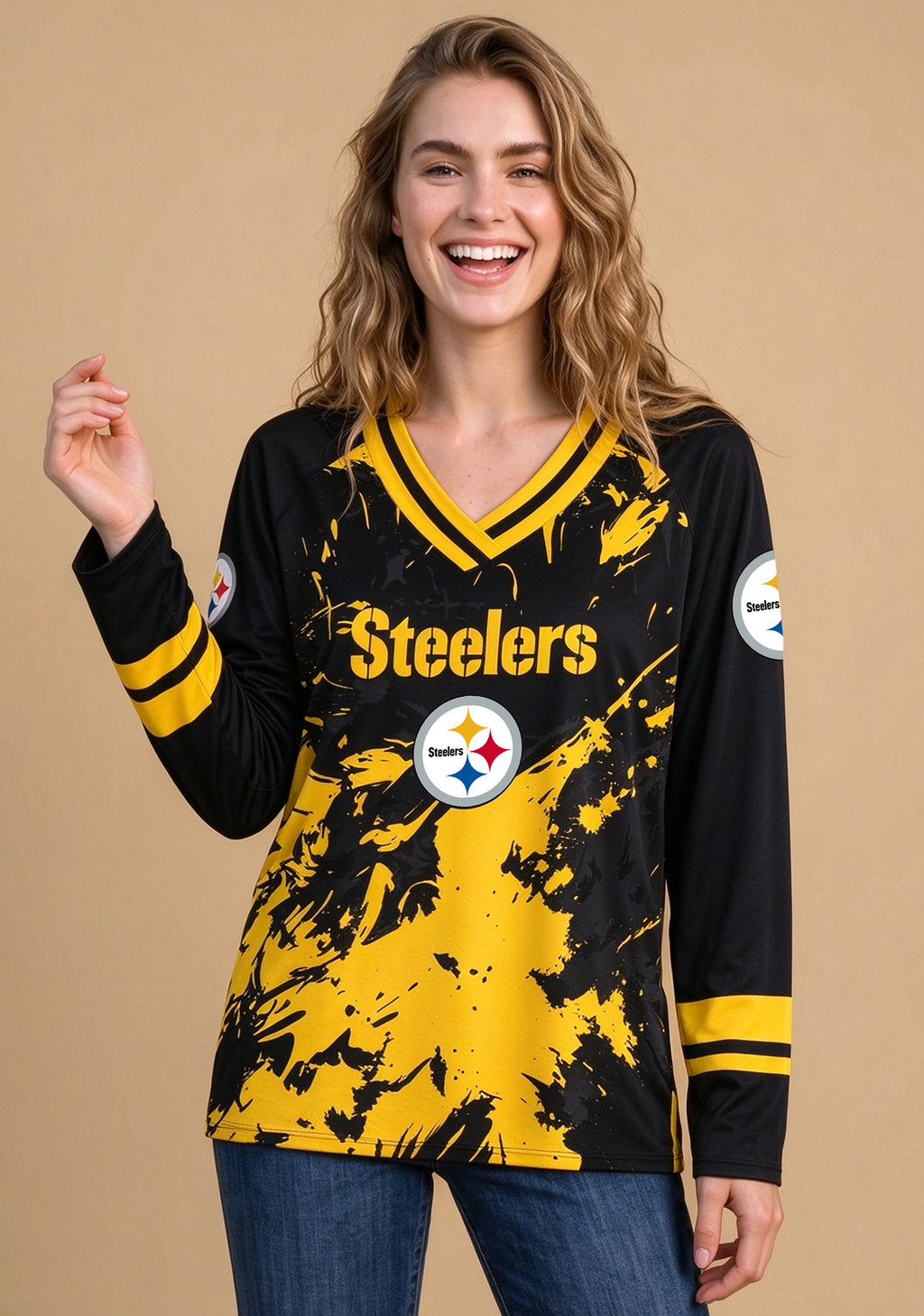 Women's Pittsburgh Steelers Graphic V Neck Long Sleeve Shirt