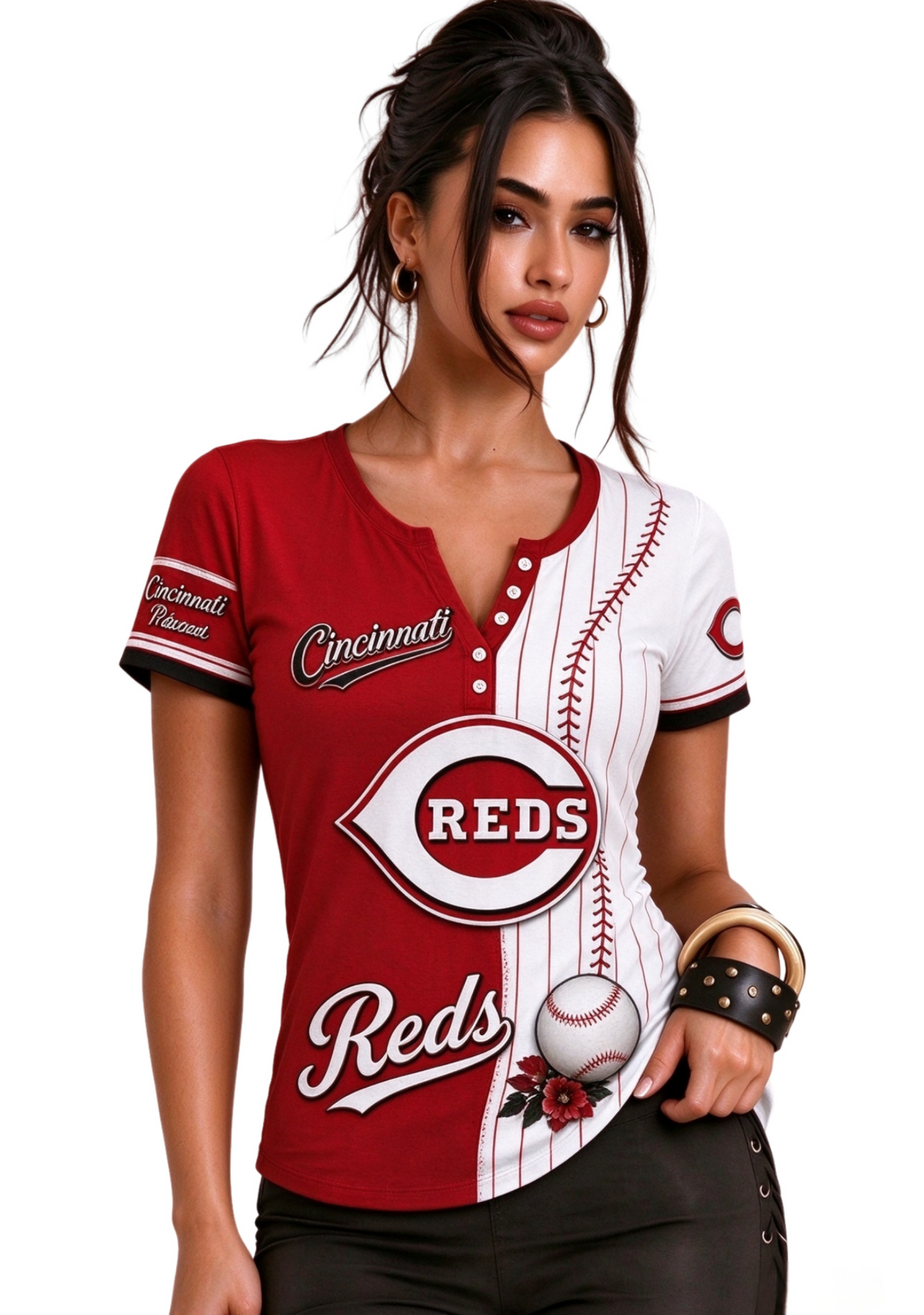 Women Cincinnati Reds Baseball Half Striped Henley T-Shirt