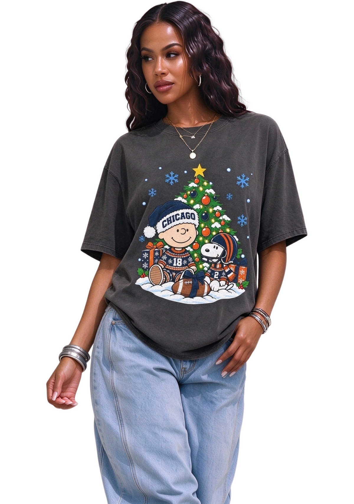 Women's Chicago Bears Snoopy Charlie Brown Football Christmas T-Shirt