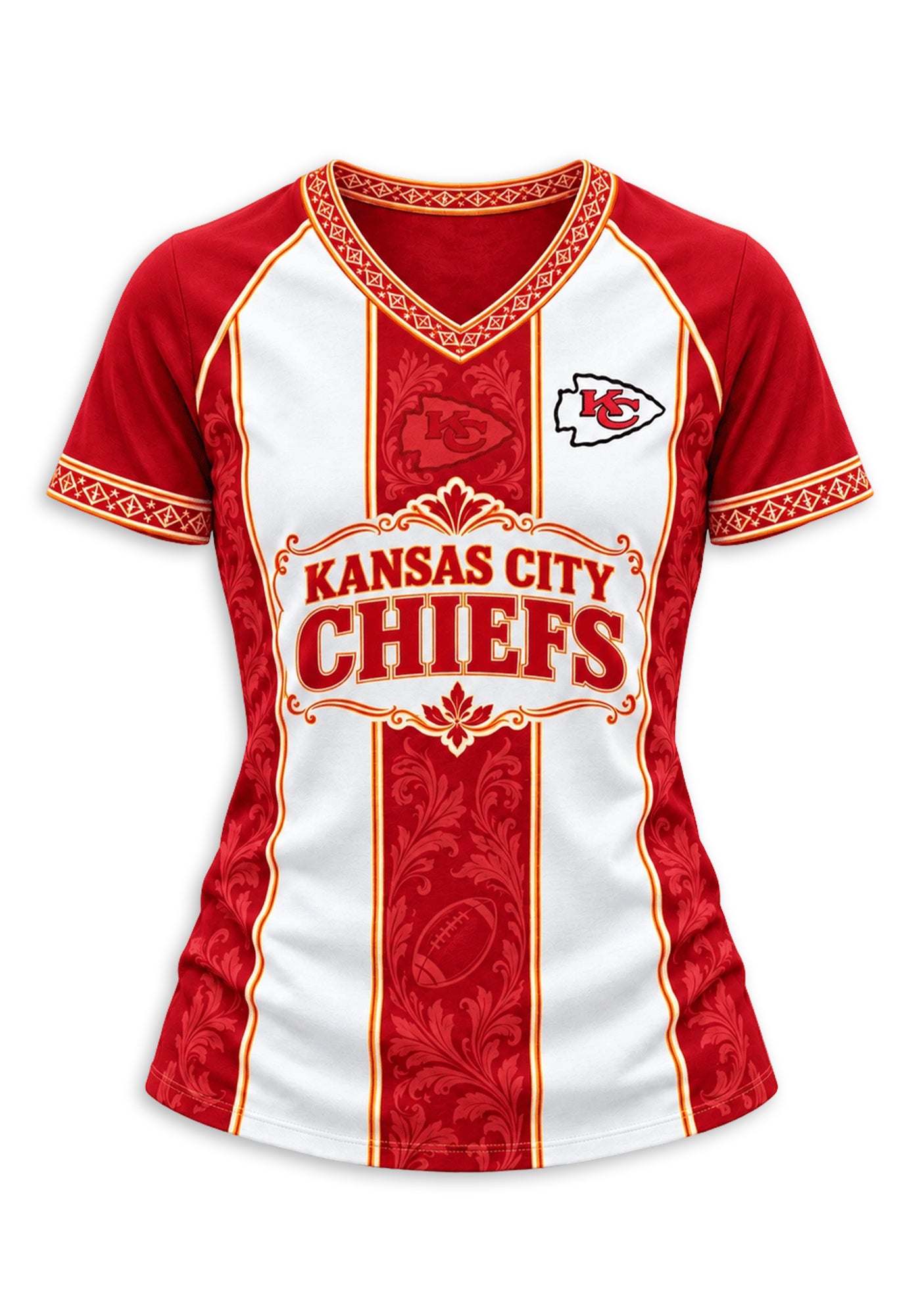 Women's Kansas City Chiefs Floral Baroque Striped V-Neck T-Shirt Secondary image