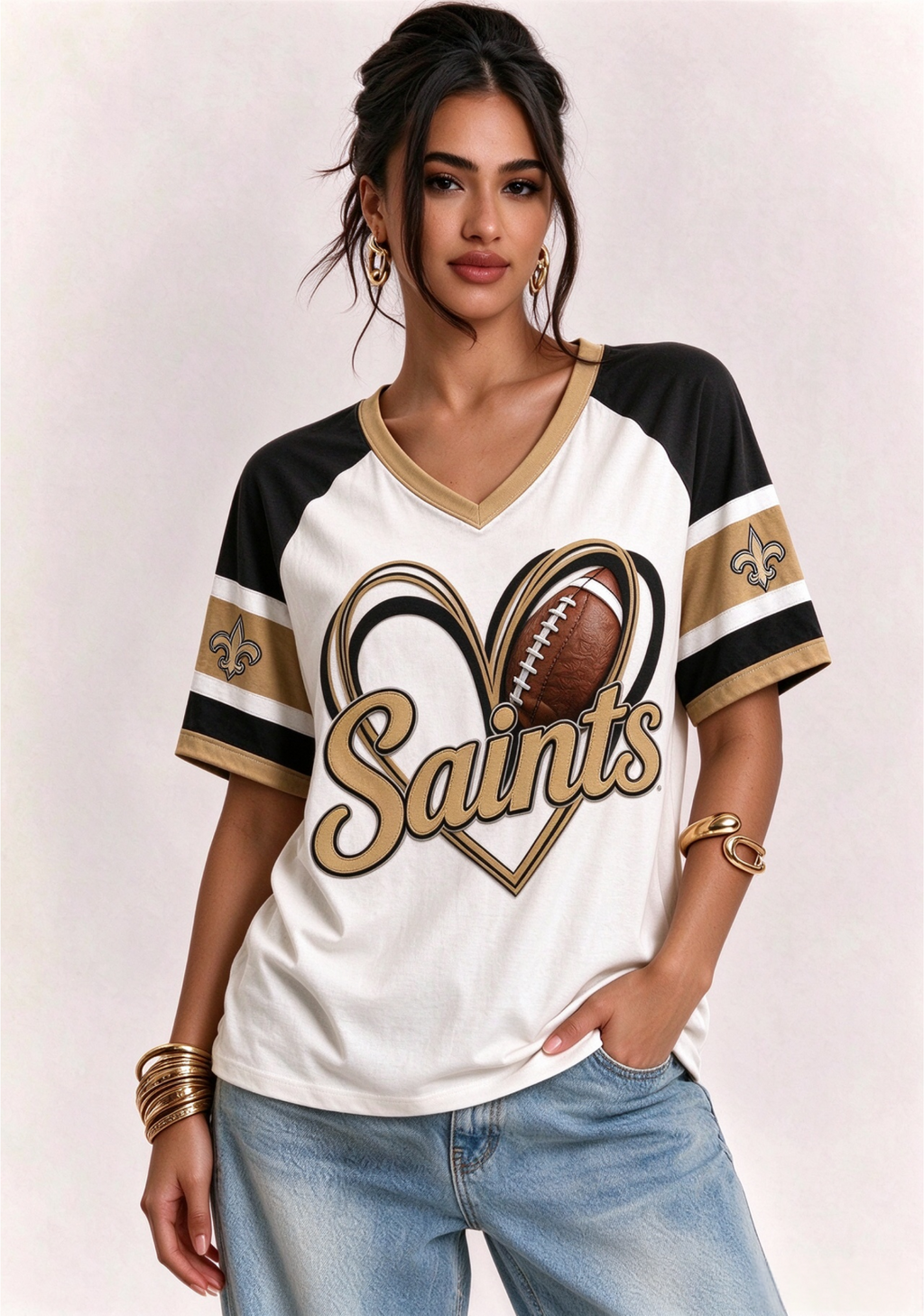 Women New Orleans Saints Heart Graphic V-Neck Fan T-Shirt