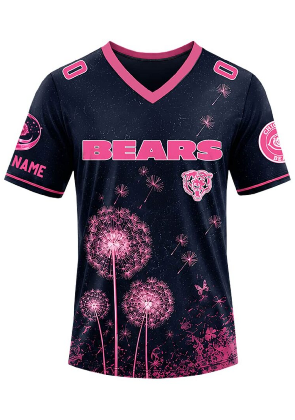 Chicago Bears Breast Cancer Awareness Dandelion V-Neck T-Shirt