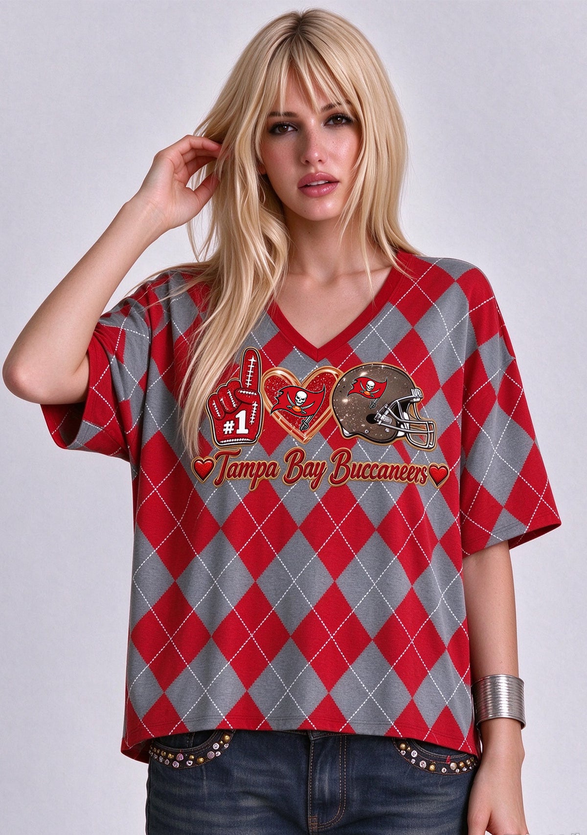 Women's Tampa Bay Buccaneers Argyle #1 Fan Heart Helmet V-Neck T-Shirt Main image