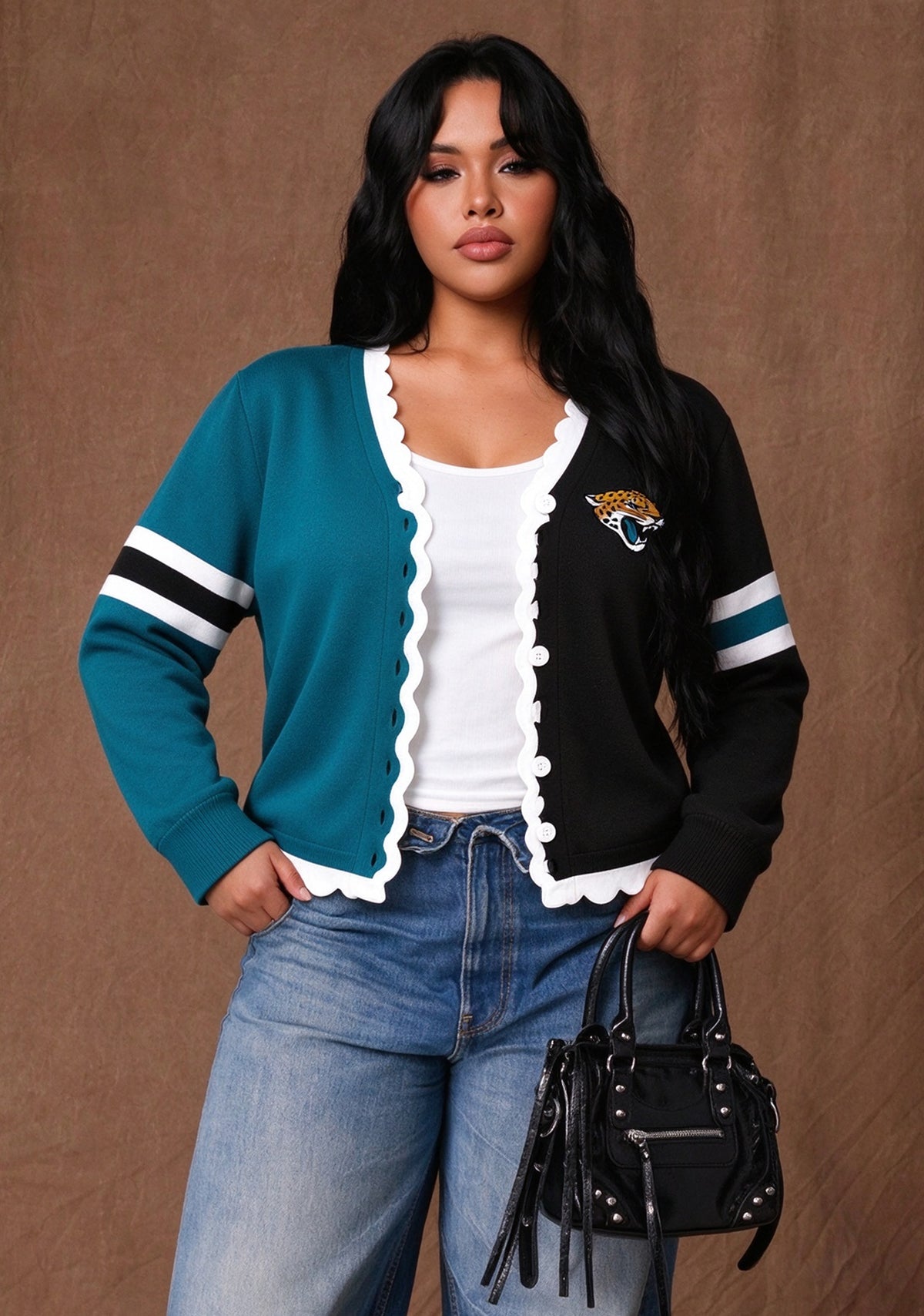 Women's Jacksonville Jaguars Color Block Scalloped Trim V-Neck Button Cardigan