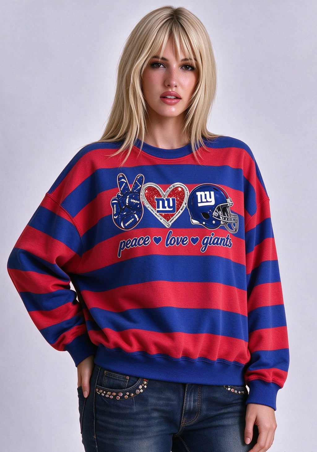 Women's Peace Love New York Giants Striped Crewneck Sweatshirt