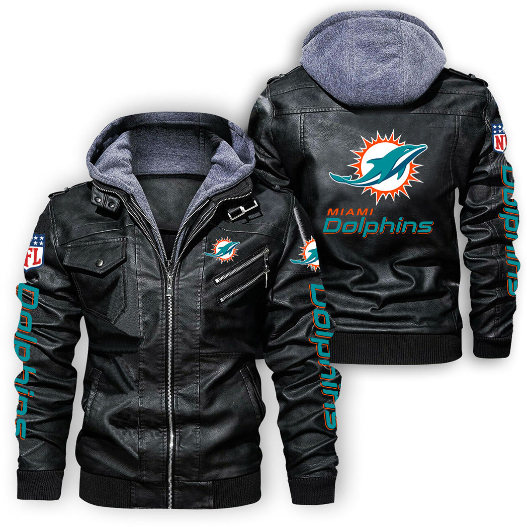 Miami Dolphins Graphic PU Faux Leather Hooded Jacket