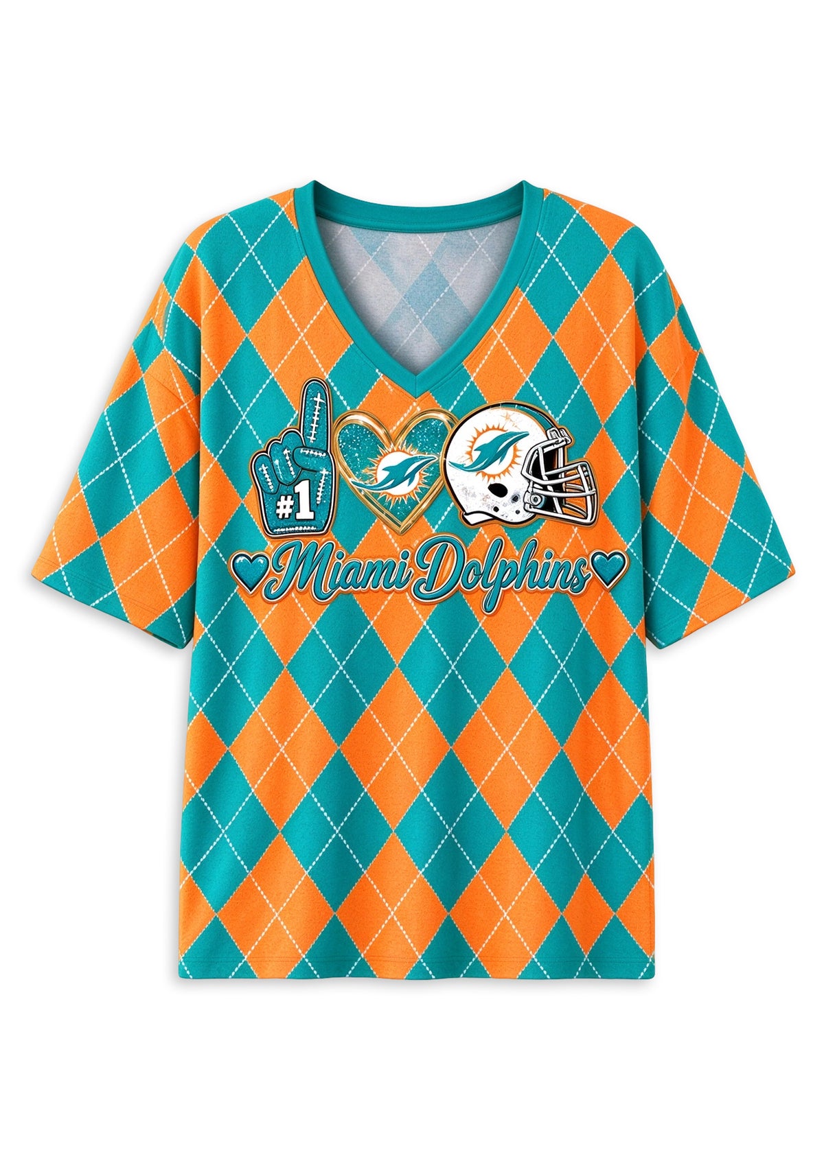 Women's Miami Dolphins Argyle #1 Fan Heart Helmet V-Neck T-Shirt