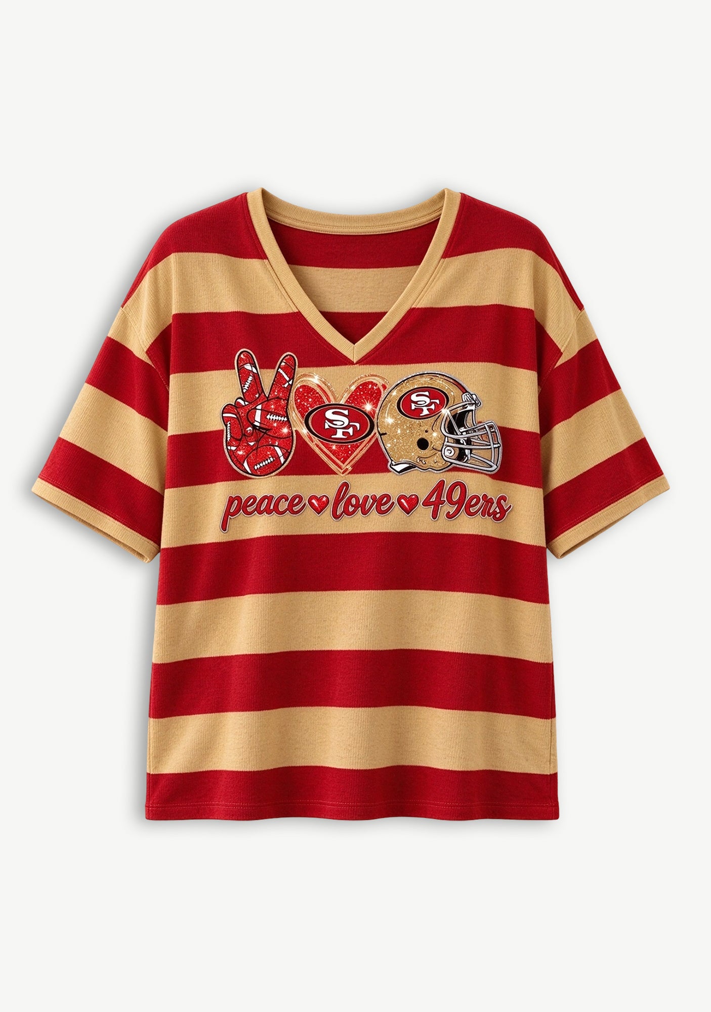 Women's Peace Love San Francisco 49ers Football Striped V Neck T-Shirt Secondary image