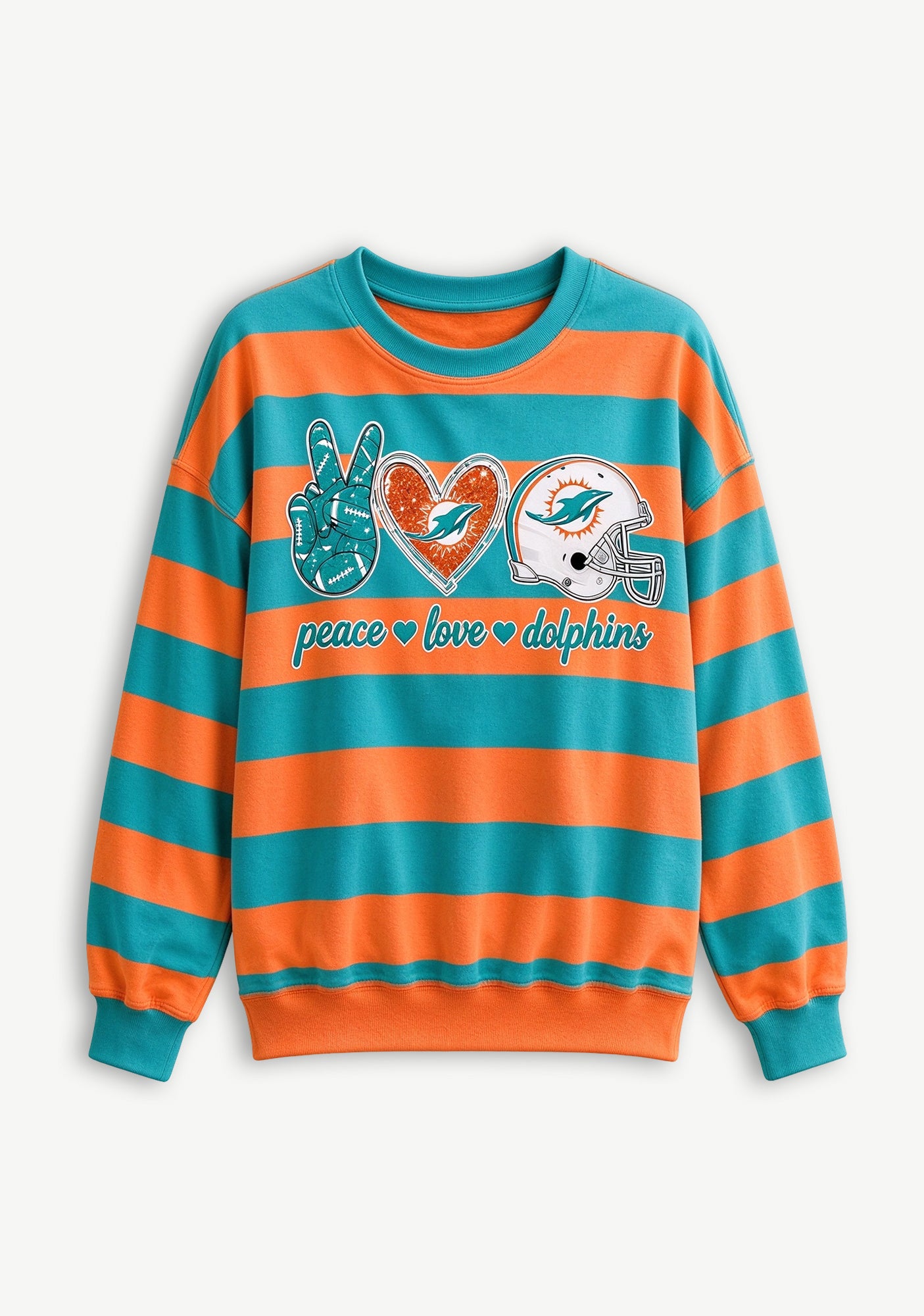 Women's Peace Love Miami Dolphins Striped Crewneck Sweatshirt Secondary image