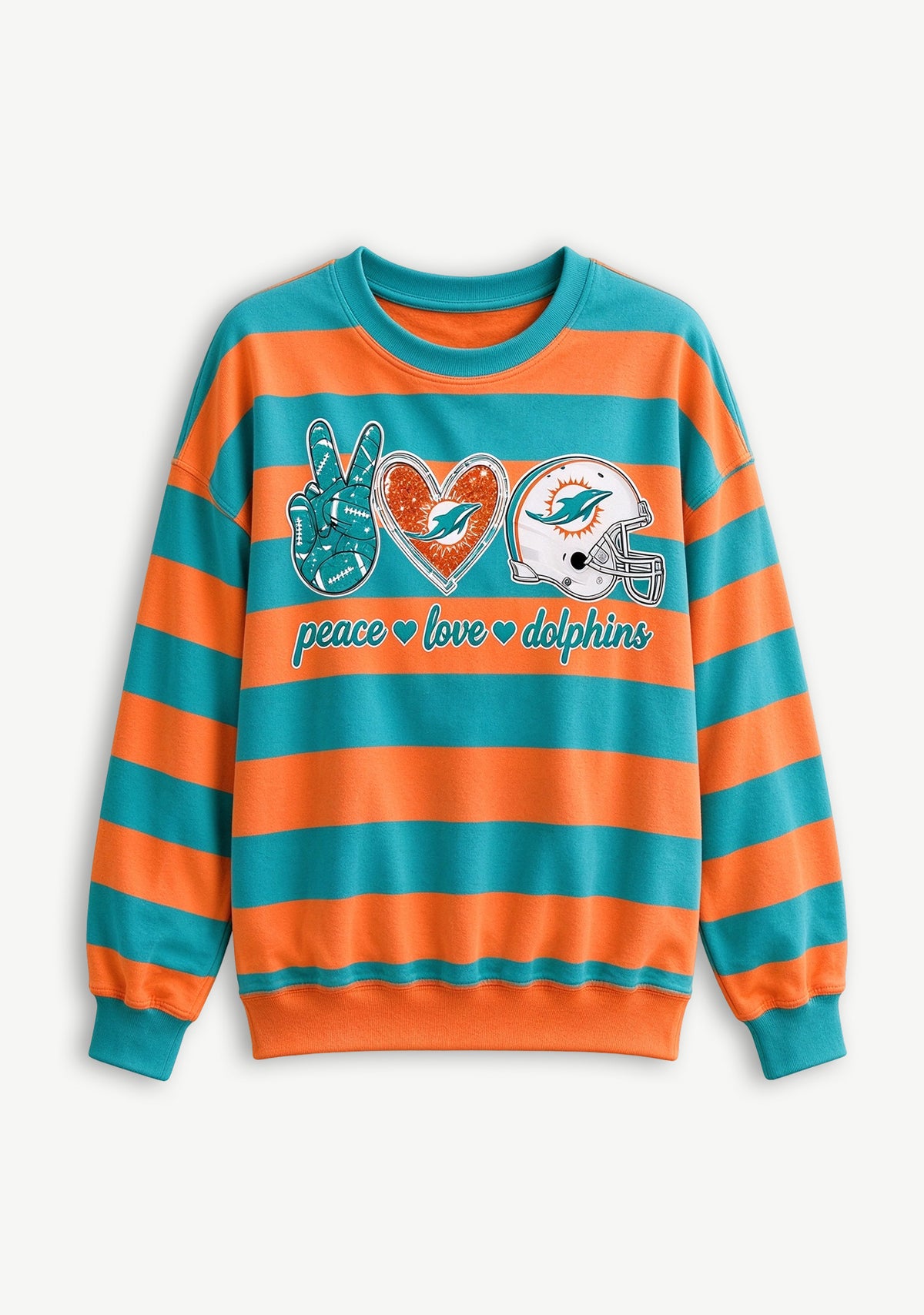 Women's Peace Love Miami Dolphins Striped Crewneck Sweatshirt
