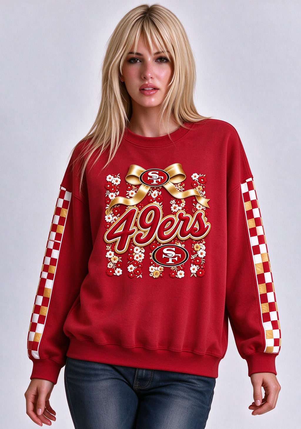 Women's San Francisco 49ers Floral Bow Crewneck Sweatshirt