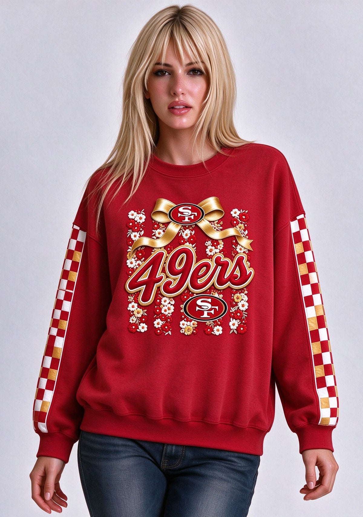 Women's San Francisco 49ers Floral Bow Crewneck Sweatshirt