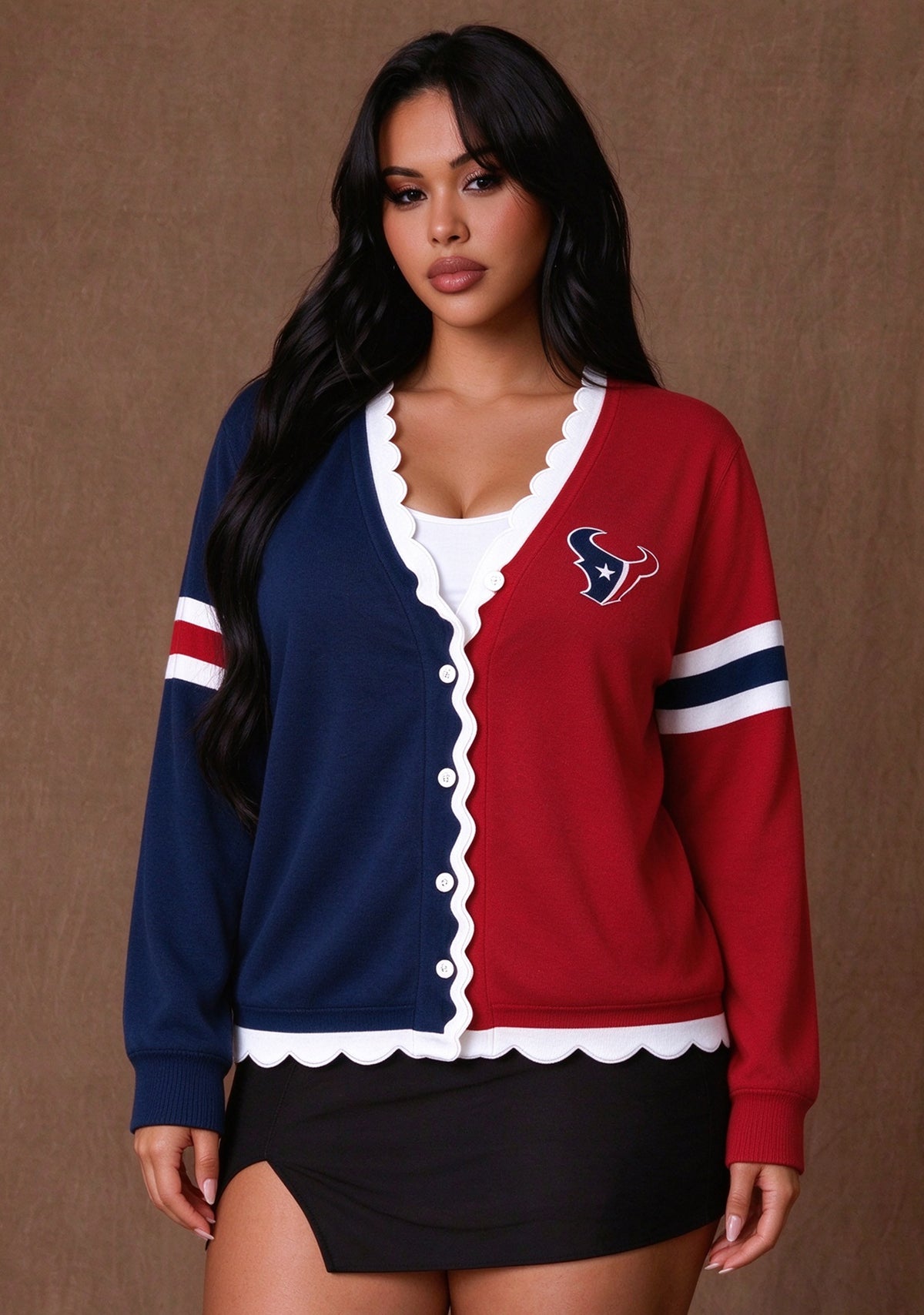 Women's Houston Texans Color Block Scalloped Trim V-Neck Button Cardigan Main image