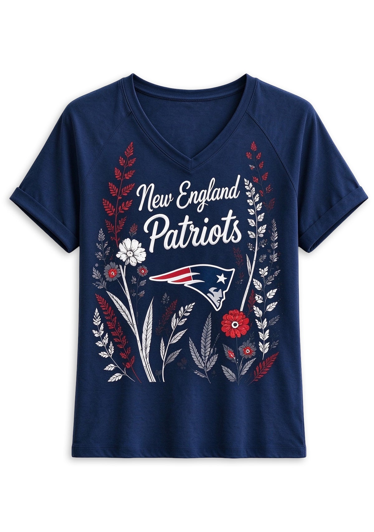 Women's New England Patriots Wildflower Graphic V-Neck Raglan Rolled T-Shirt