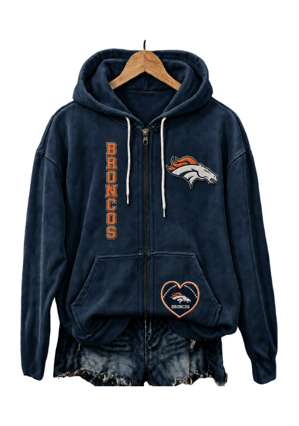 Denver Broncos Women Heart Football Graphic Zip Up Hoodie