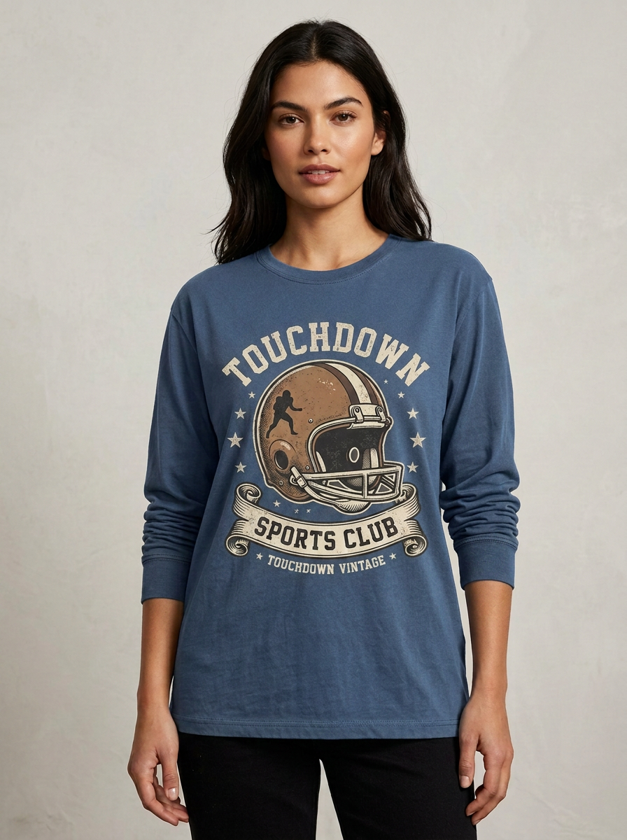 Women's Football Lover Touchdown Helmet Graphic Printed Long Sleeve T-Shirt