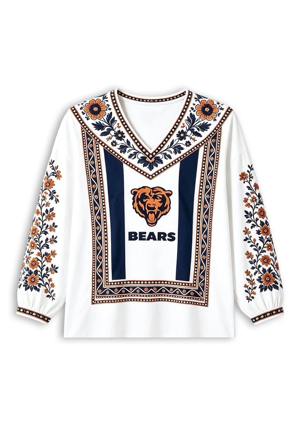 Women's Chicago Bears Boho Floral Printed V-Neck Long Sleeve Shirt