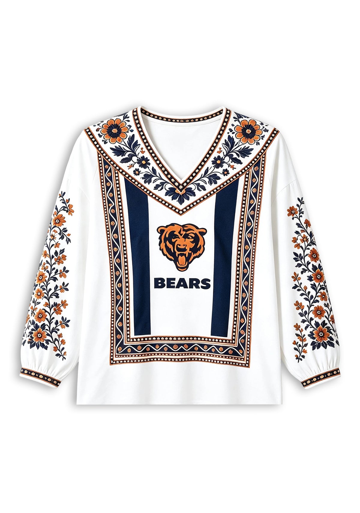 Women's Chicago Bears Boho Floral Printed V-Neck Long Sleeve Shirt