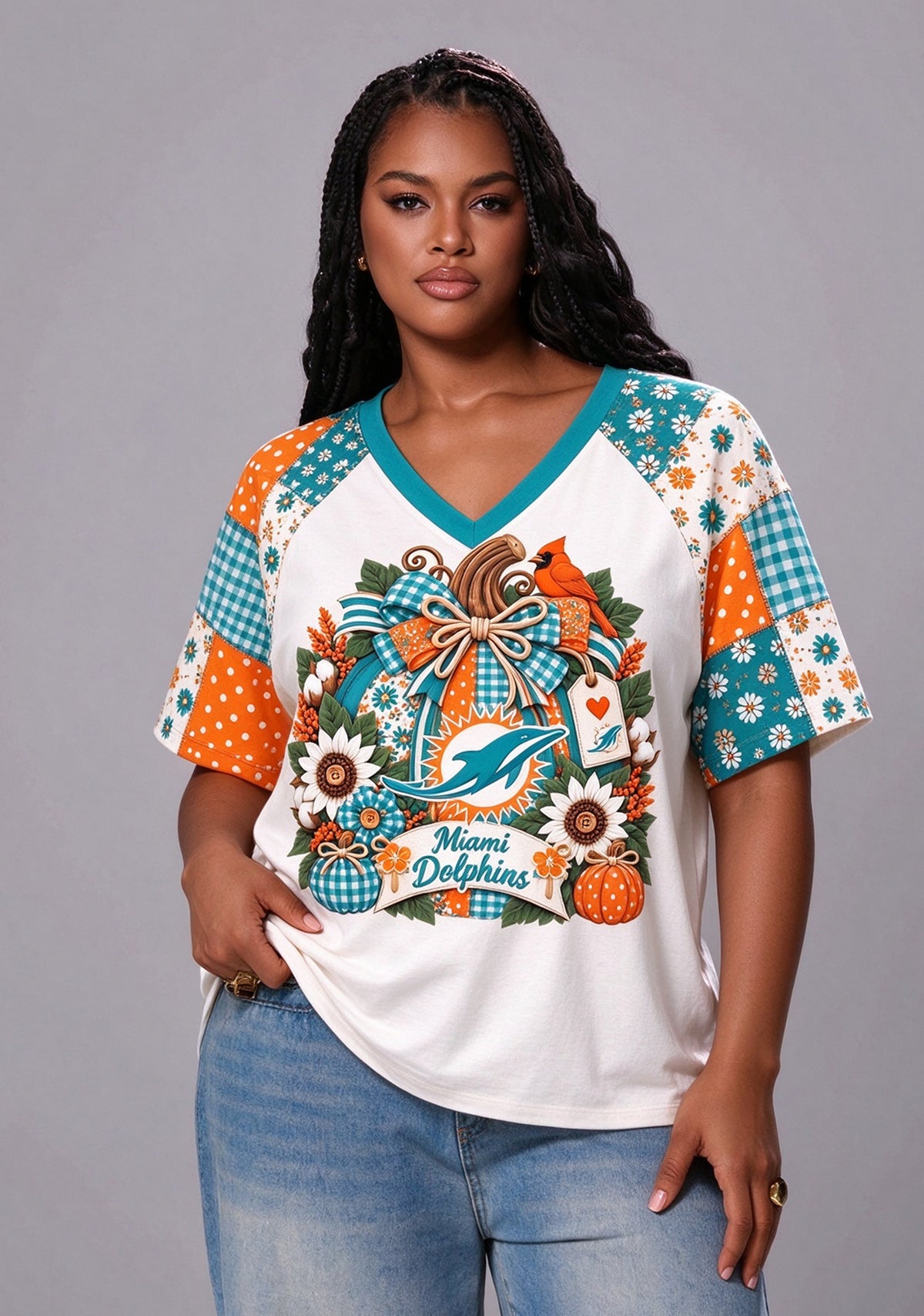 Women's Miami Dolphins Patchwork Sleeve V-Neck Raglan T-Shirt Main image