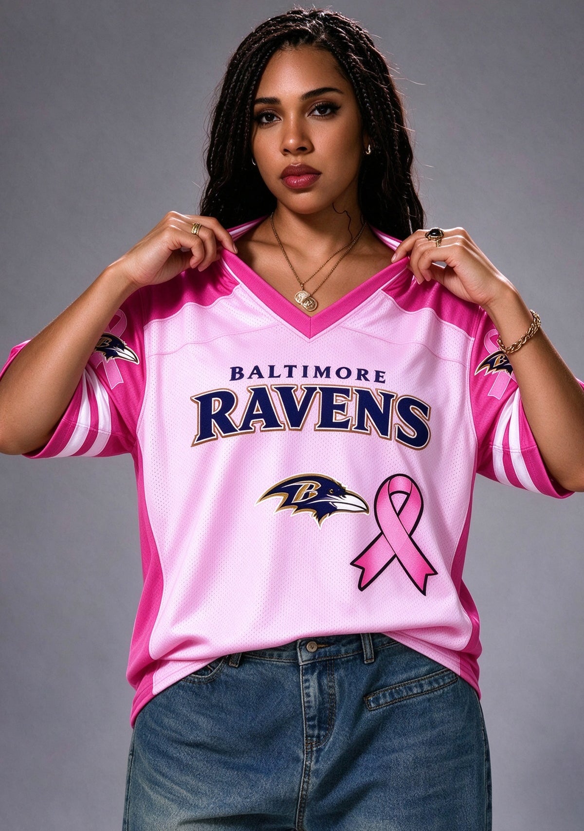 Women Baltimore Ravens Breast Cancer Awareness Pink Ribbon Mesh Jersey