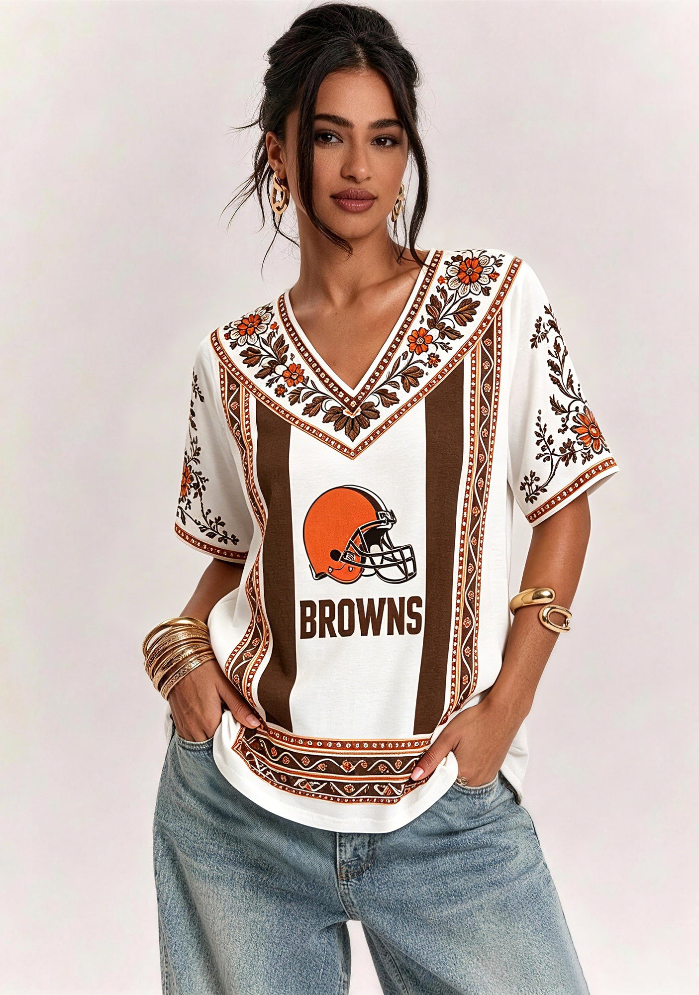 Boho Orange Floral Cleveland Browns V-Neck Blouse Main image