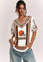 Boho Orange Floral Cleveland Browns V-Neck Blouse