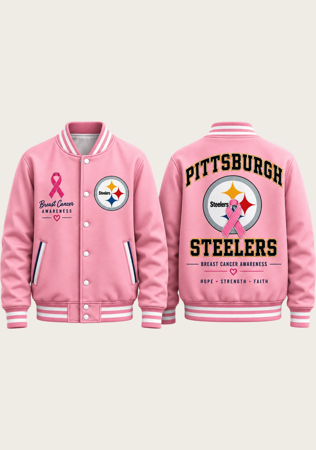 Pittsburgh Steelers Breast Cancer Awareness Pink Ribbon Varsity Jacket