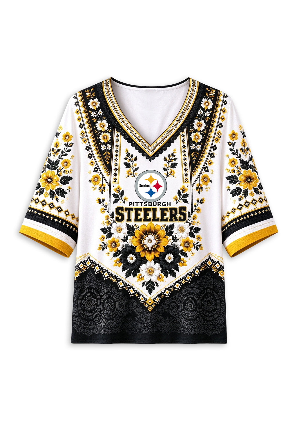 Women’s Pittsburgh Steelers Boho Floral V-Neck 3/4 Sleeve Shirt