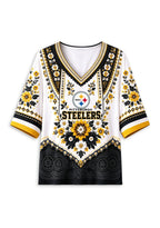 Women’s Pittsburgh Steelers Boho Floral V-Neck 3/4 Sleeve Shirt