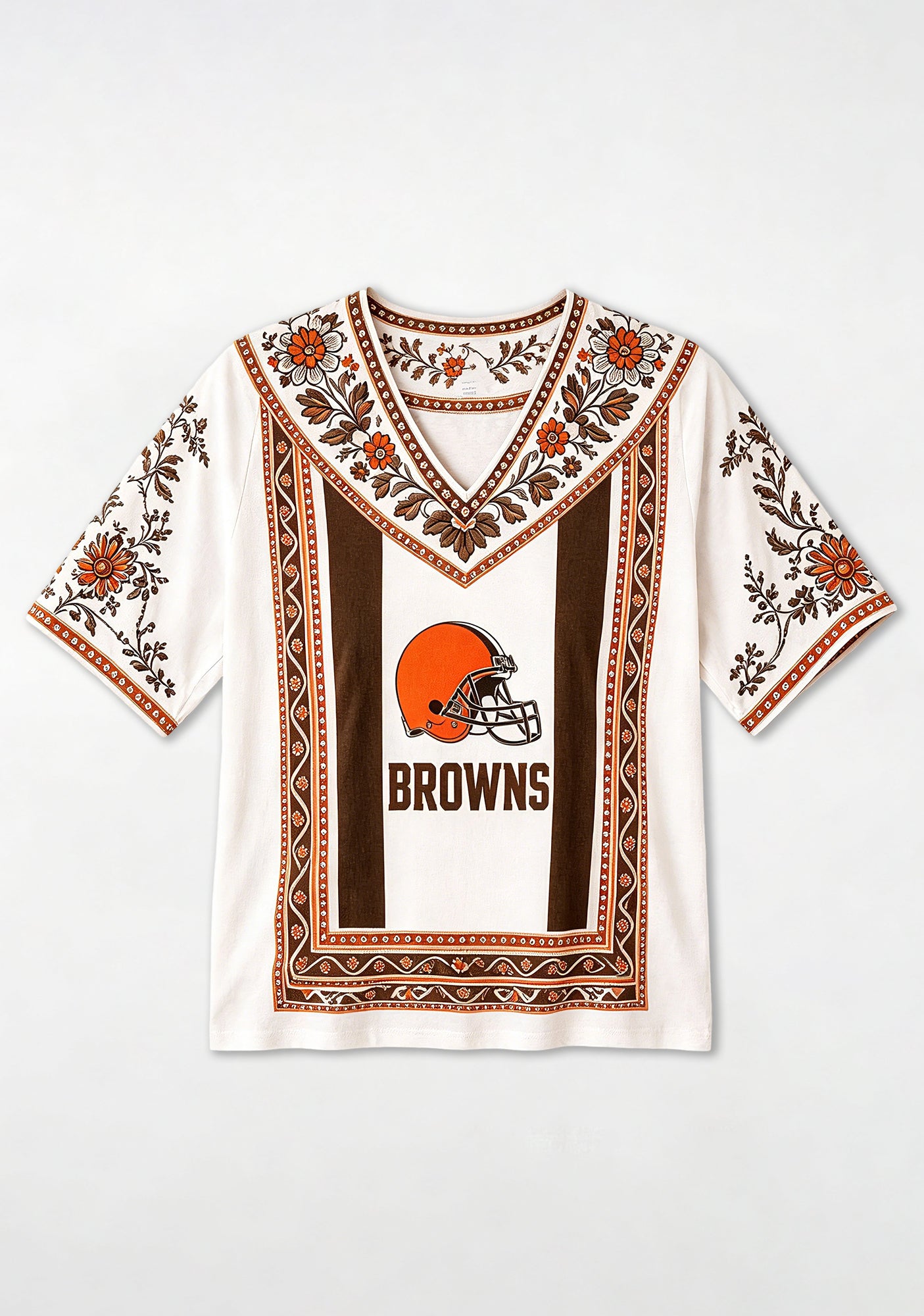 Boho Orange Floral Cleveland Browns V-Neck Blouse Secondary image