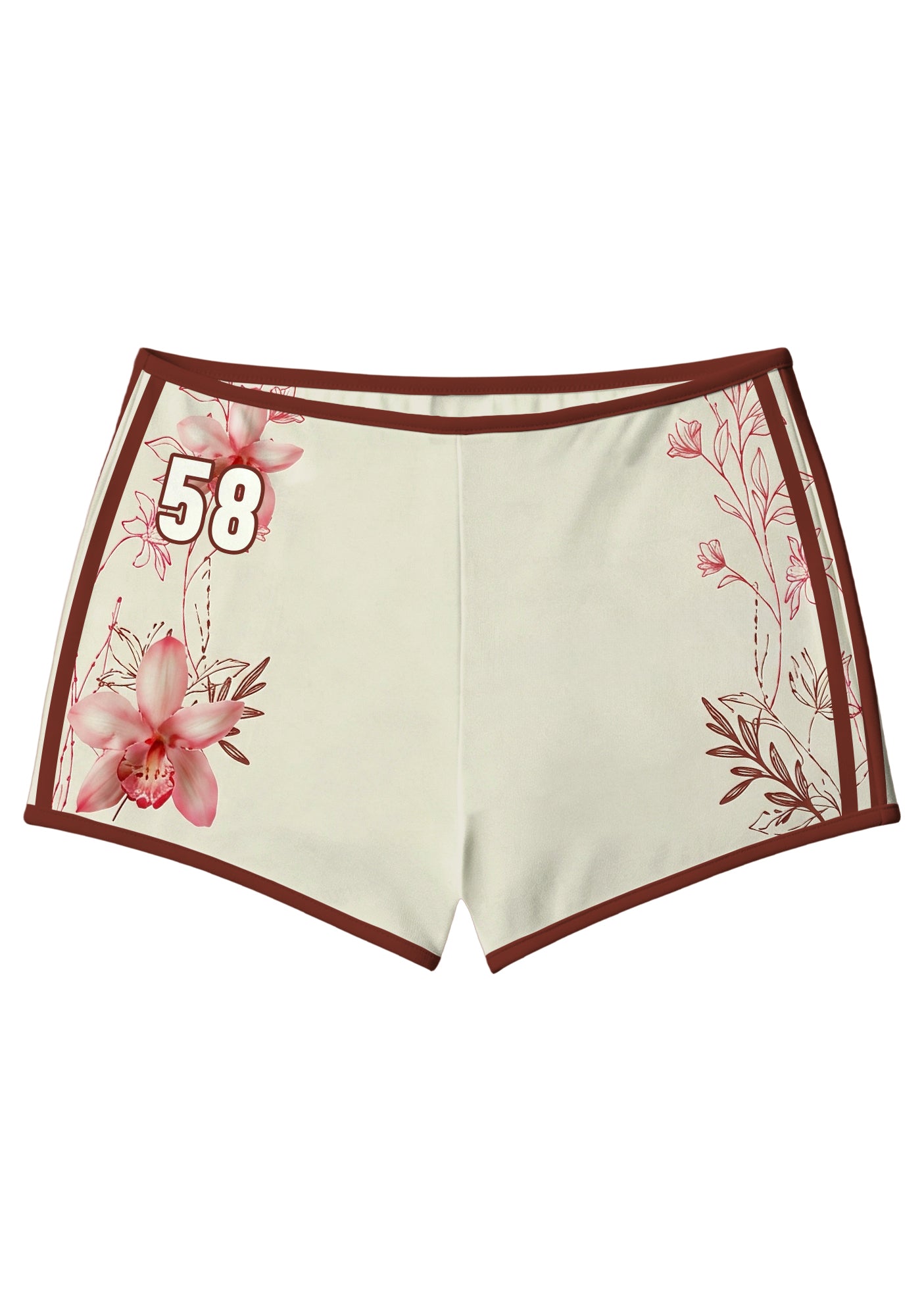Cream Burgundy Pink Orchid Floral Number 58 Booty Shorts