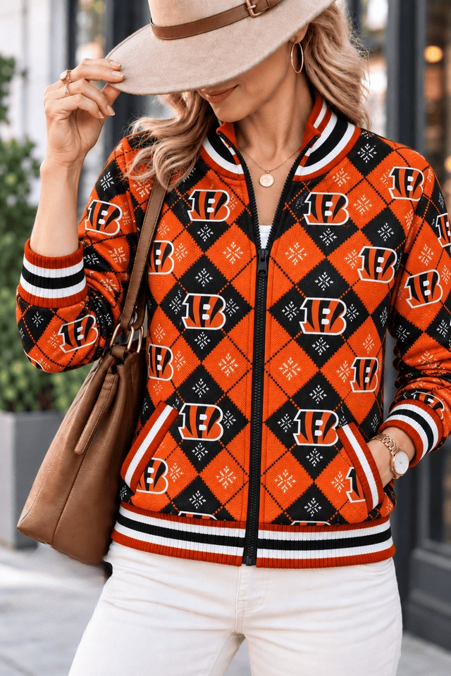 Women's Cincinnati Bengals Argyle Print Zip Up Varsity Jacket