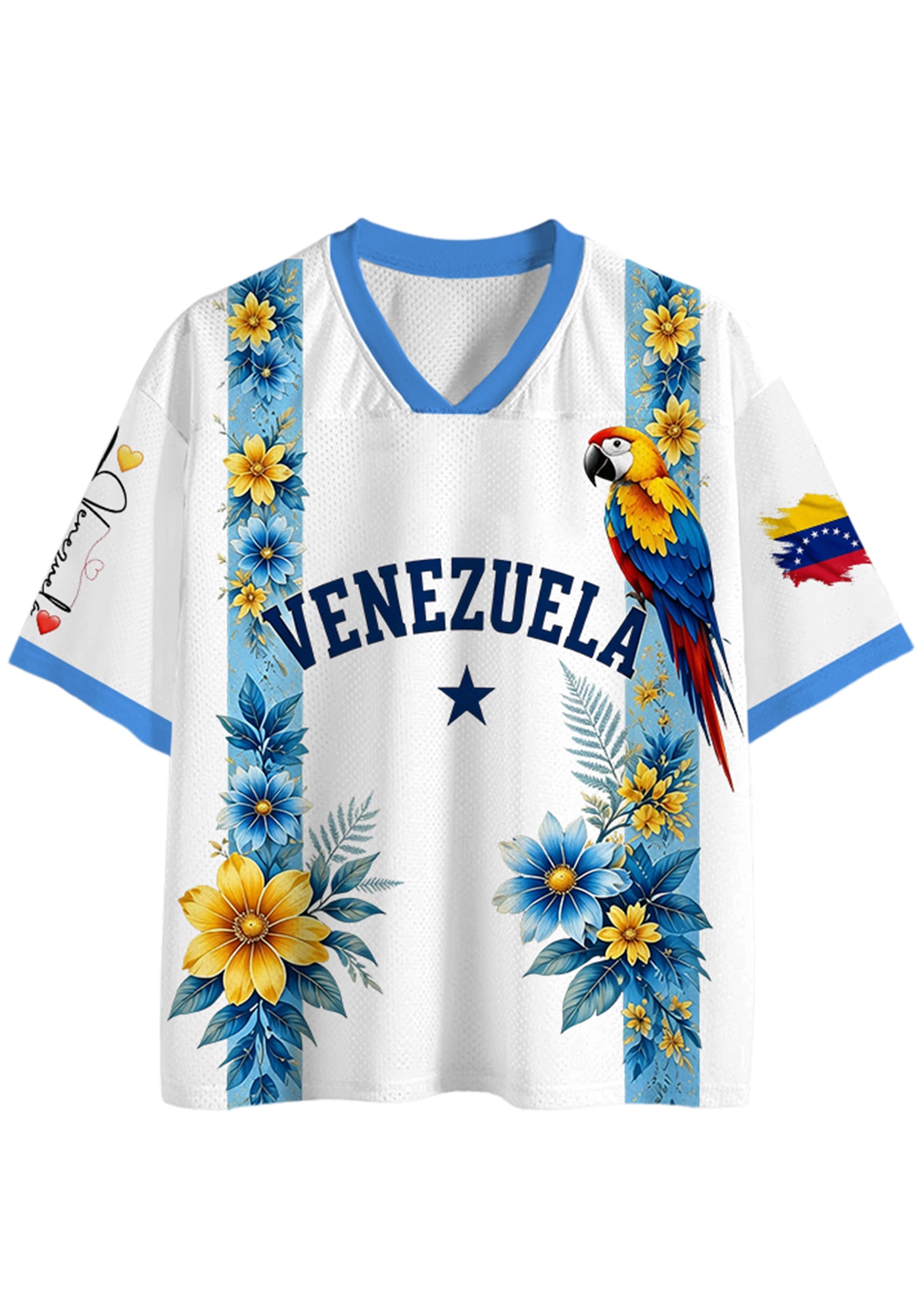 Tropical Parrot Venezuela Floral Print White Mesh Jersey Shirts