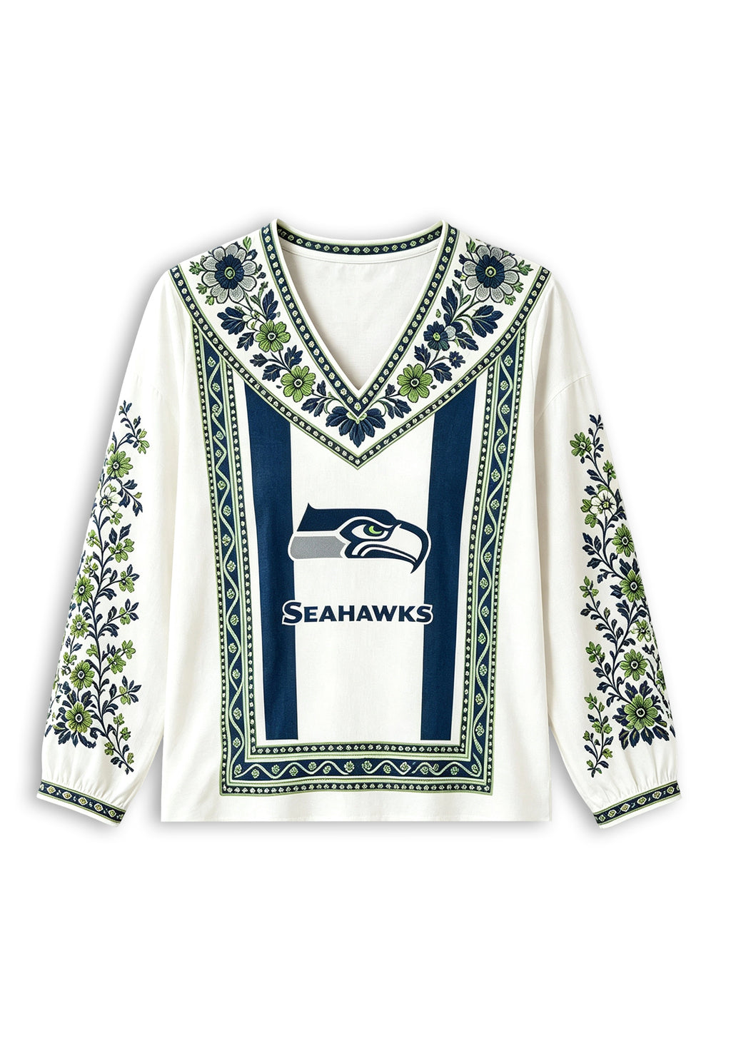 Women's Seattle Seahawks Boho Floral Printed V-Neck Long Sleeve Shirt