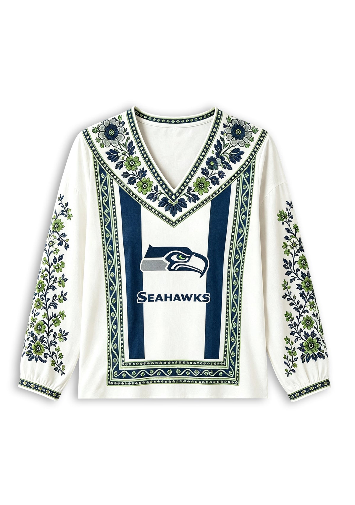 Women's Seattle Seahawks Boho Floral Printed V-Neck Long Sleeve Shirt